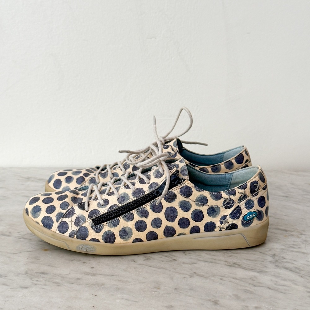 Polka Dot Cloud Aika Leather Sneakers 38 7.5 Cream Blue Side Zip Comfort Shoes